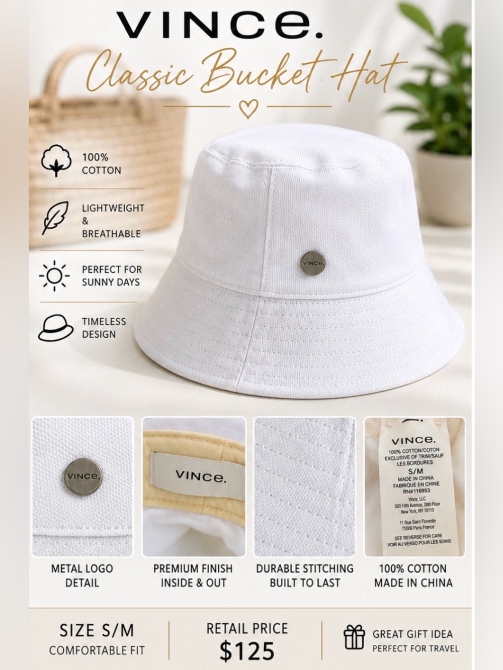 Vince White Cotton Canvas Bucket Hat S/M Logo Plaque $125 Retail